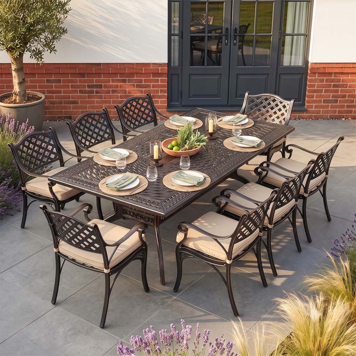 The "Highgrove" 8-Seater Luxury Garden Dining Set - Antique Copper digital Illustration And Dressed Table