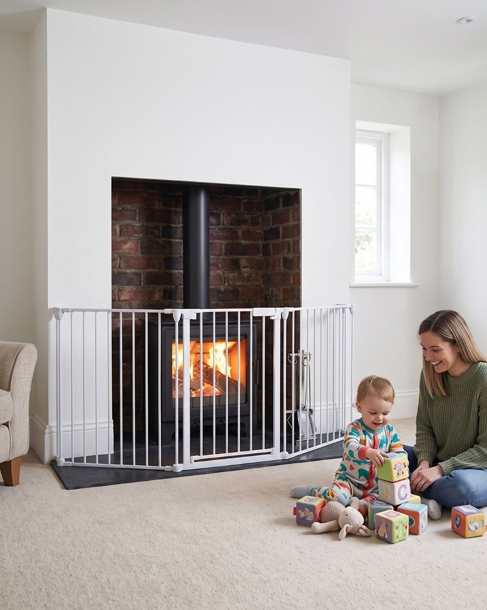 "BabyPro" White Three Panel Nursery Fire Guard Digital Illustration Scale Shot With A Family
