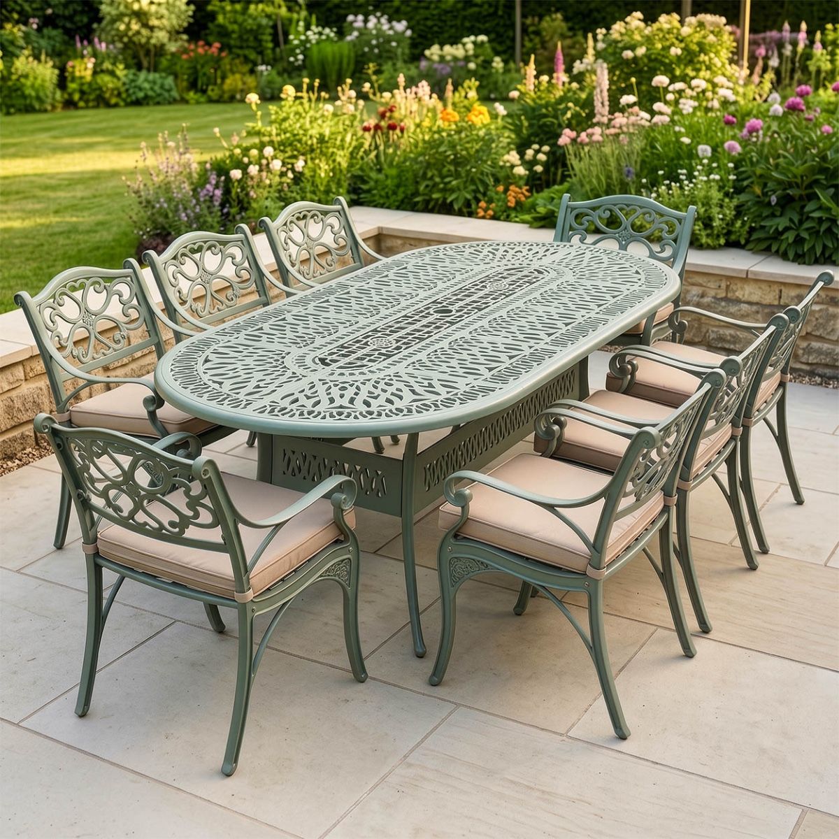The "Sage Blossom" 8-Seater Garden Dining Set - Sage Green Digital Illustration