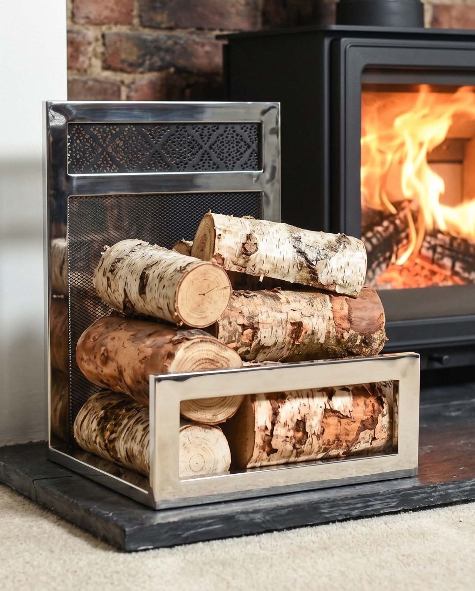 The Decorative “Hinburn House” Contemporary Stainless Steel Log Store Placed next to a Log Burner Stove in a Contemporary Home - Digital Illustration 
