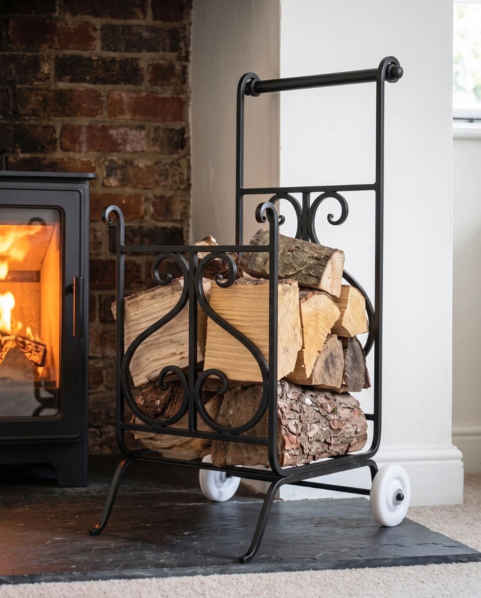 The Viking Wrought iron Log Trolley with Split Logs next to a Log Burner Stove - Digital Illustration 