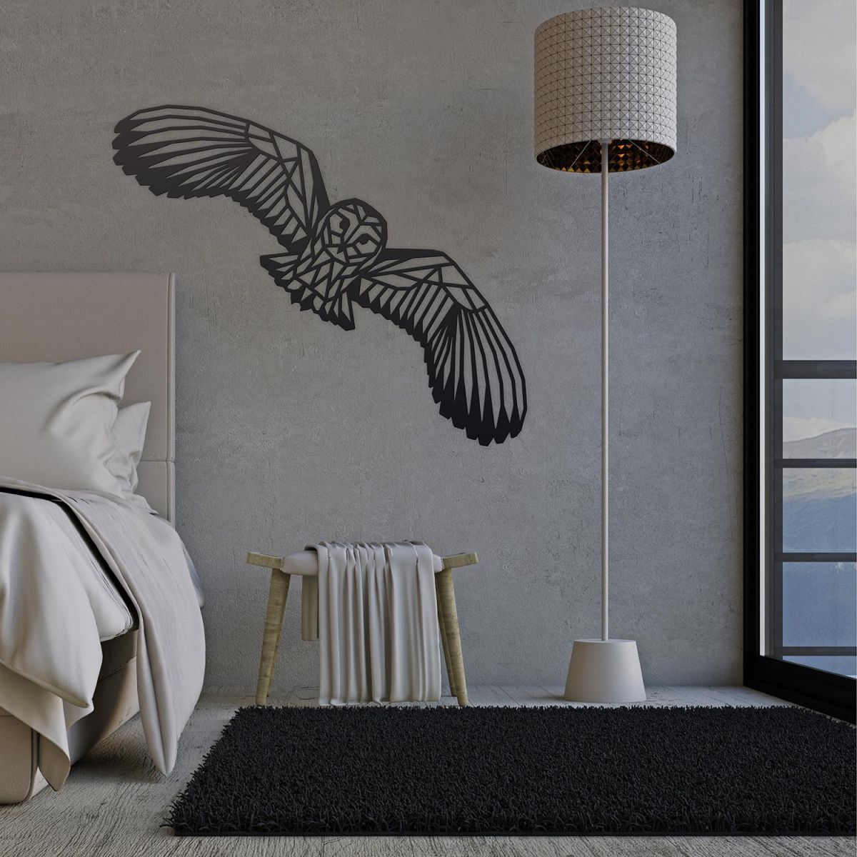 Geometric Barn Owl Wall Art in the Becroom