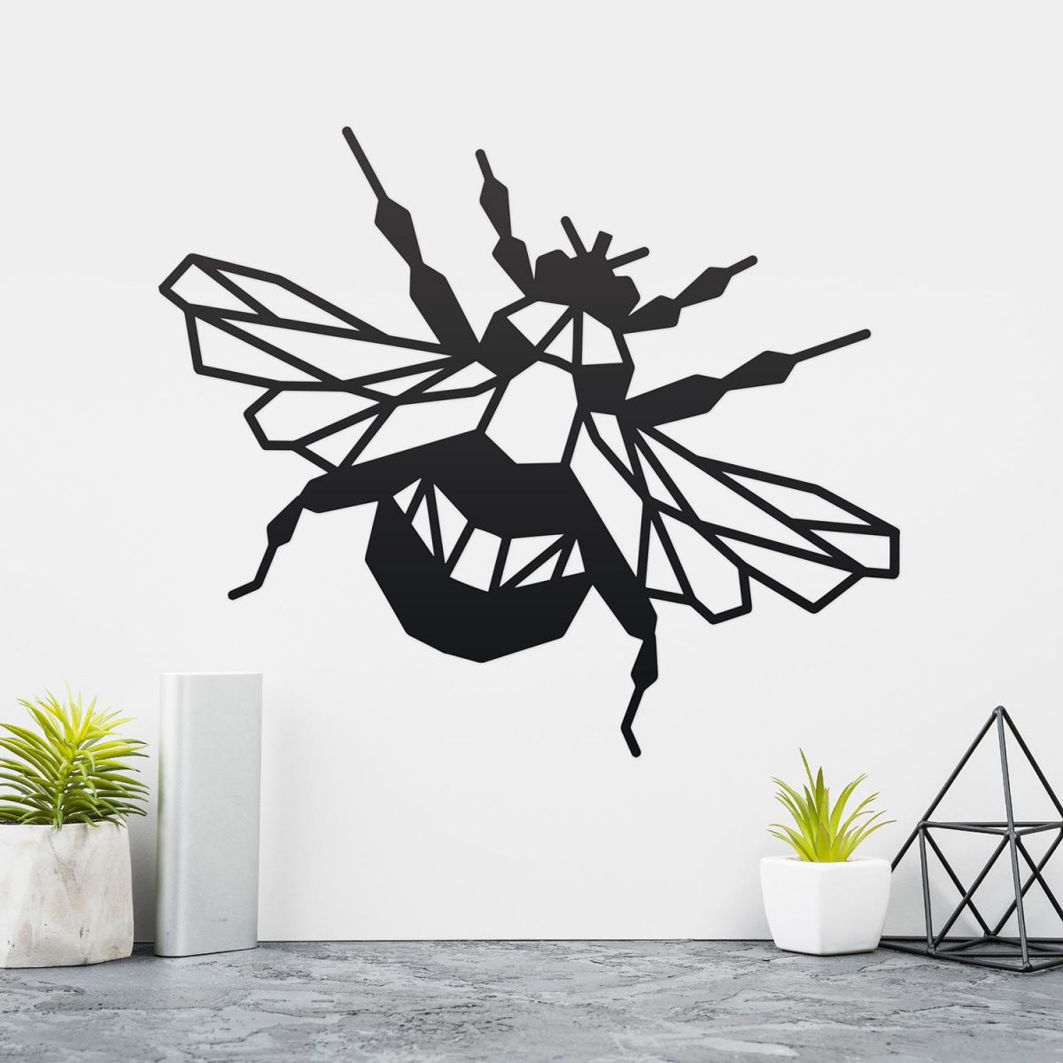 Geometric Iron Bumblebee Wall Art in Situ on a Cream Wall Geometric Iron Bumblebee Wall Art in Situ on a Cream Wall