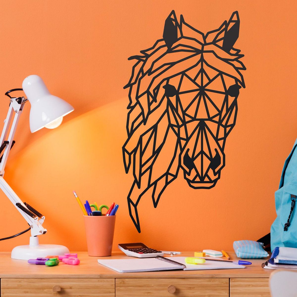 Geometric Horse Head Wall Art in Situ on an Orange Wall Geometric Horse Head Wall Art in Situ on an Orange Wall