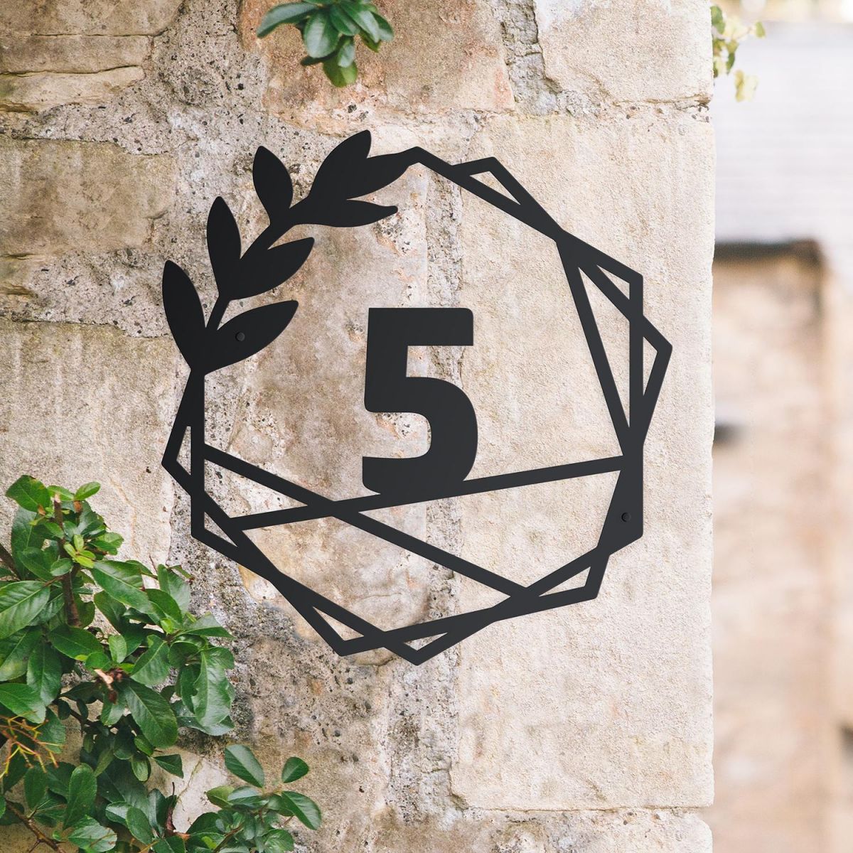 Geometric Leaf House Number Sign in Situ on the Side of a House