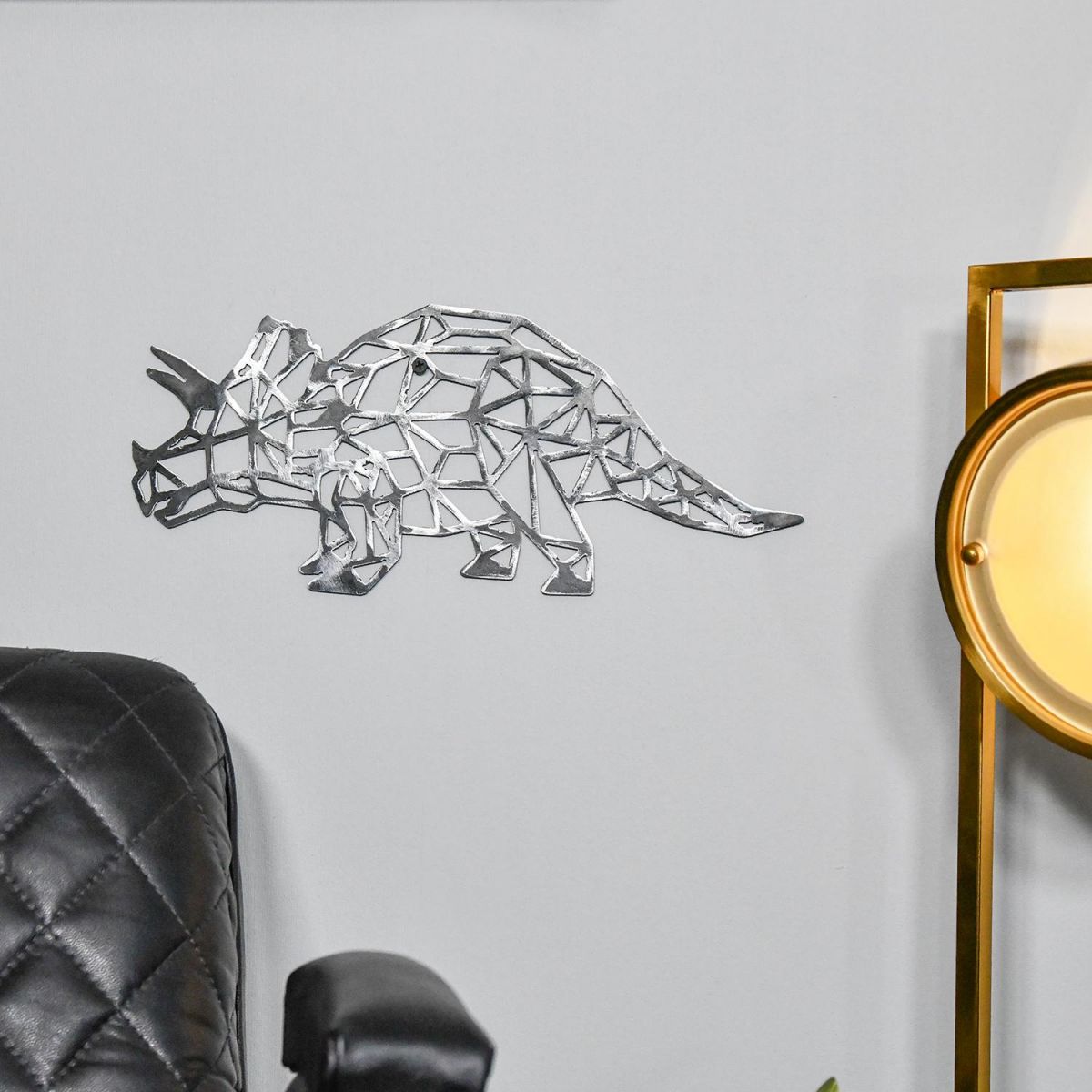 Geometric Natural Steel Triceratops Wall Art in Situ