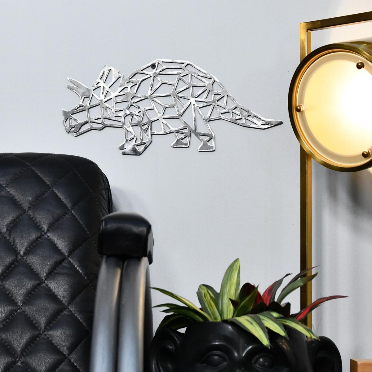 Geometric Natural Steel Triceratops Wall Art in Use in the Living Room