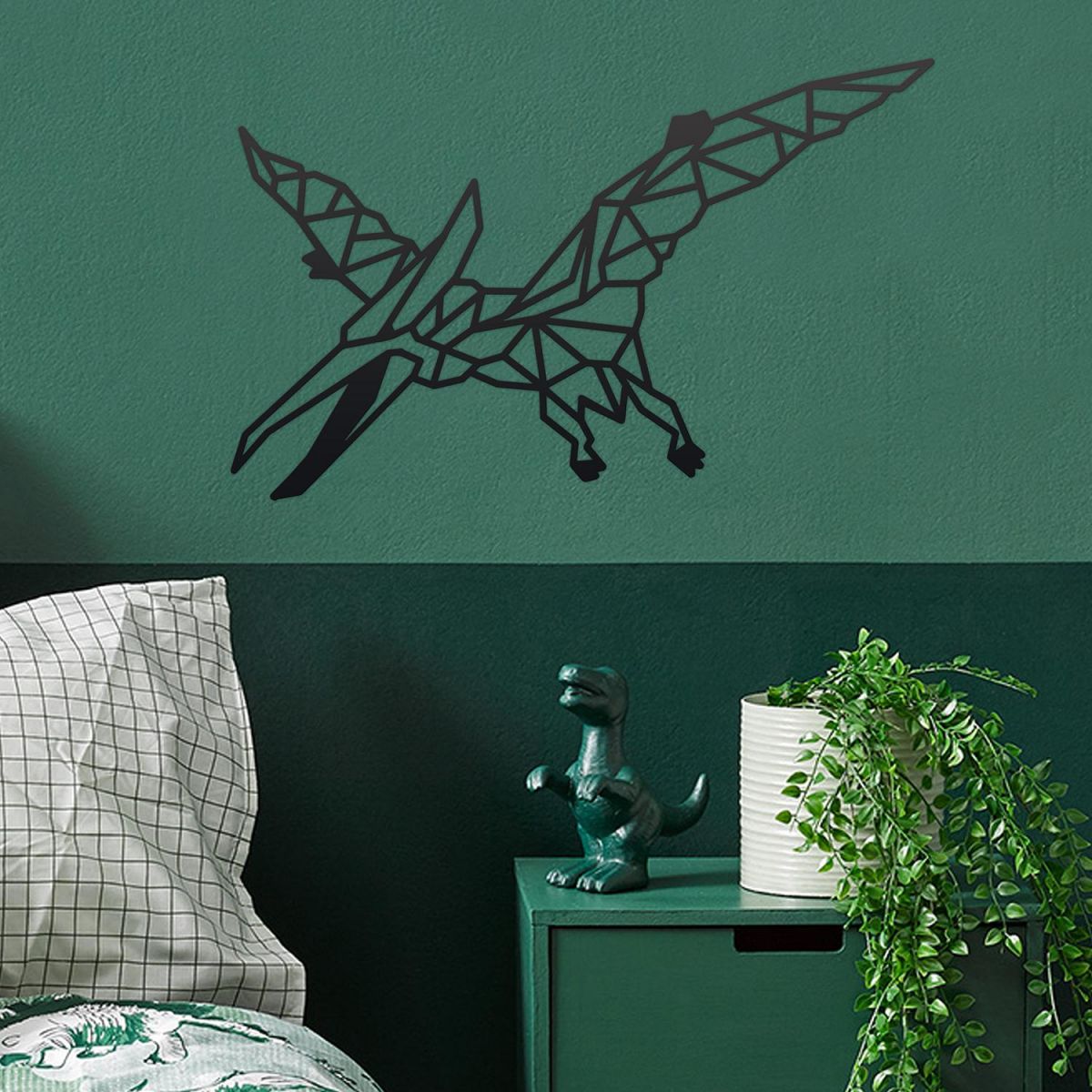 Geometric Iron Pterodactyl Wall Art in Situ in a Bedroom