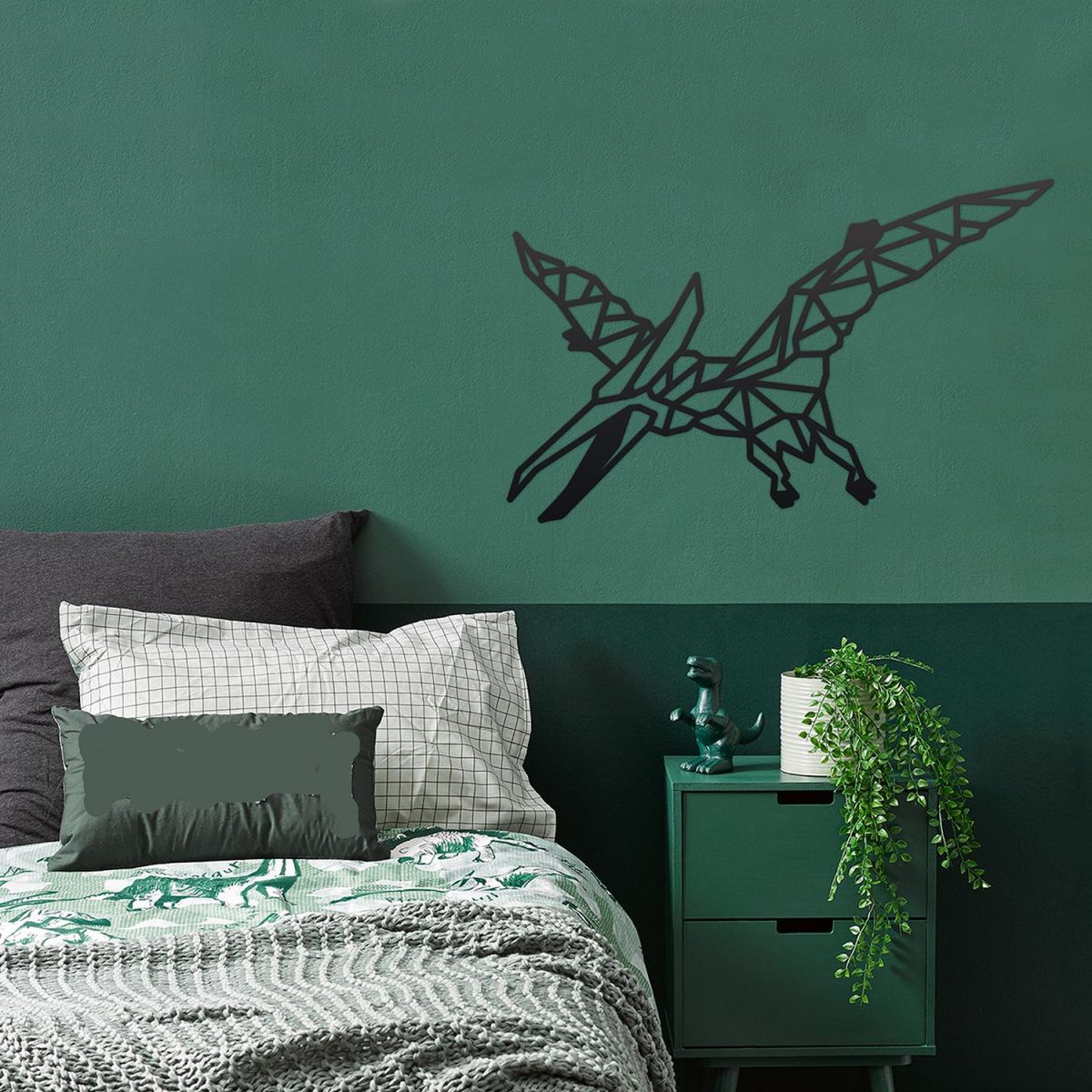 Geometric Iron Pterodactyl Wall Art in Situ in a Bedroom