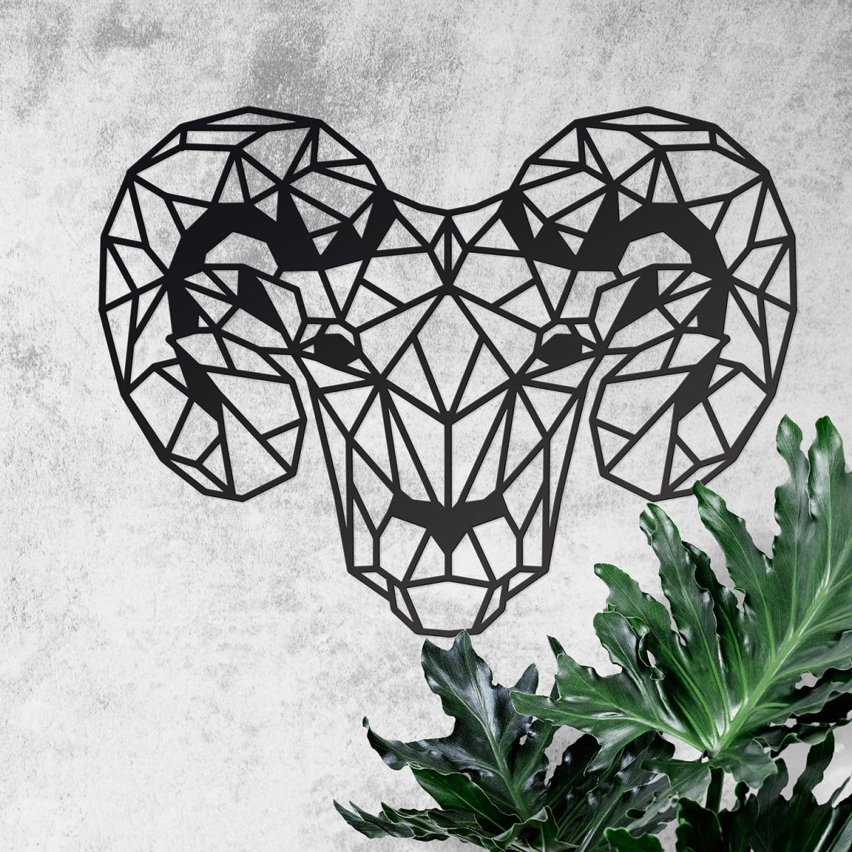 Geometric Steel Ram Wall Art in Situ on a Rustic Grey Wall