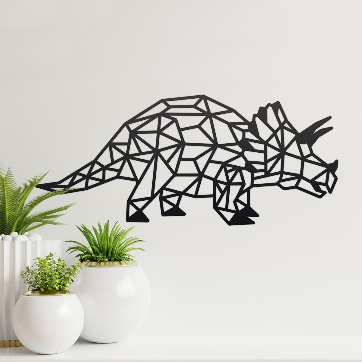 Geometric Iron Triceratops Wall Art in Situ on a Cream Wall