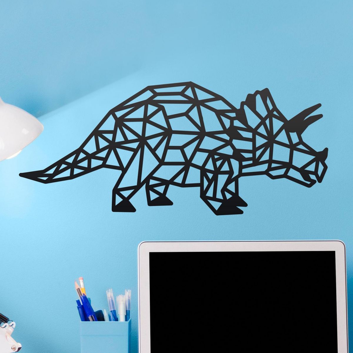 Geometric Iron Triceratops Wall Art in Situ in a Children"s Play Room
