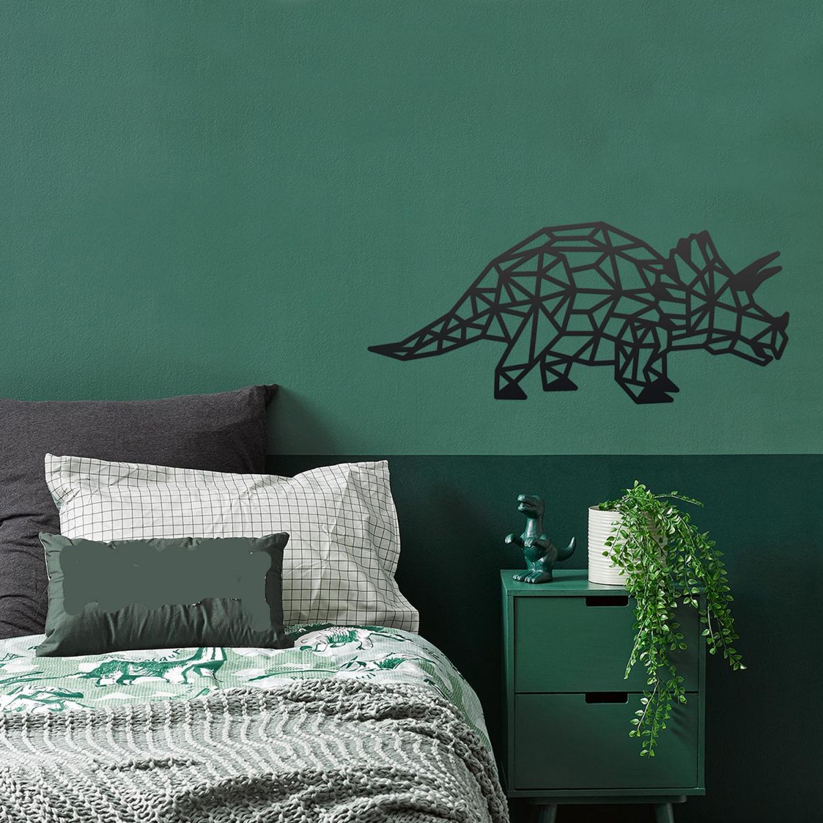 Geometric Iron Triceratops Wall Art in Situ in a Bedroom