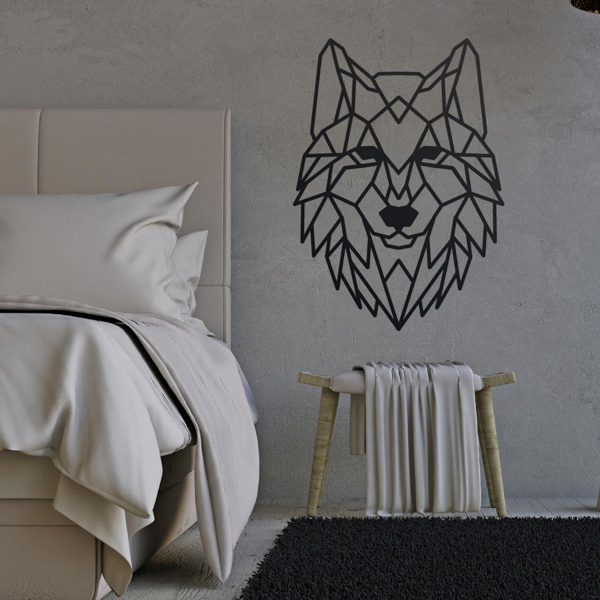 Geometric Iron Wolf Wall Art in Situ in a Bedroom