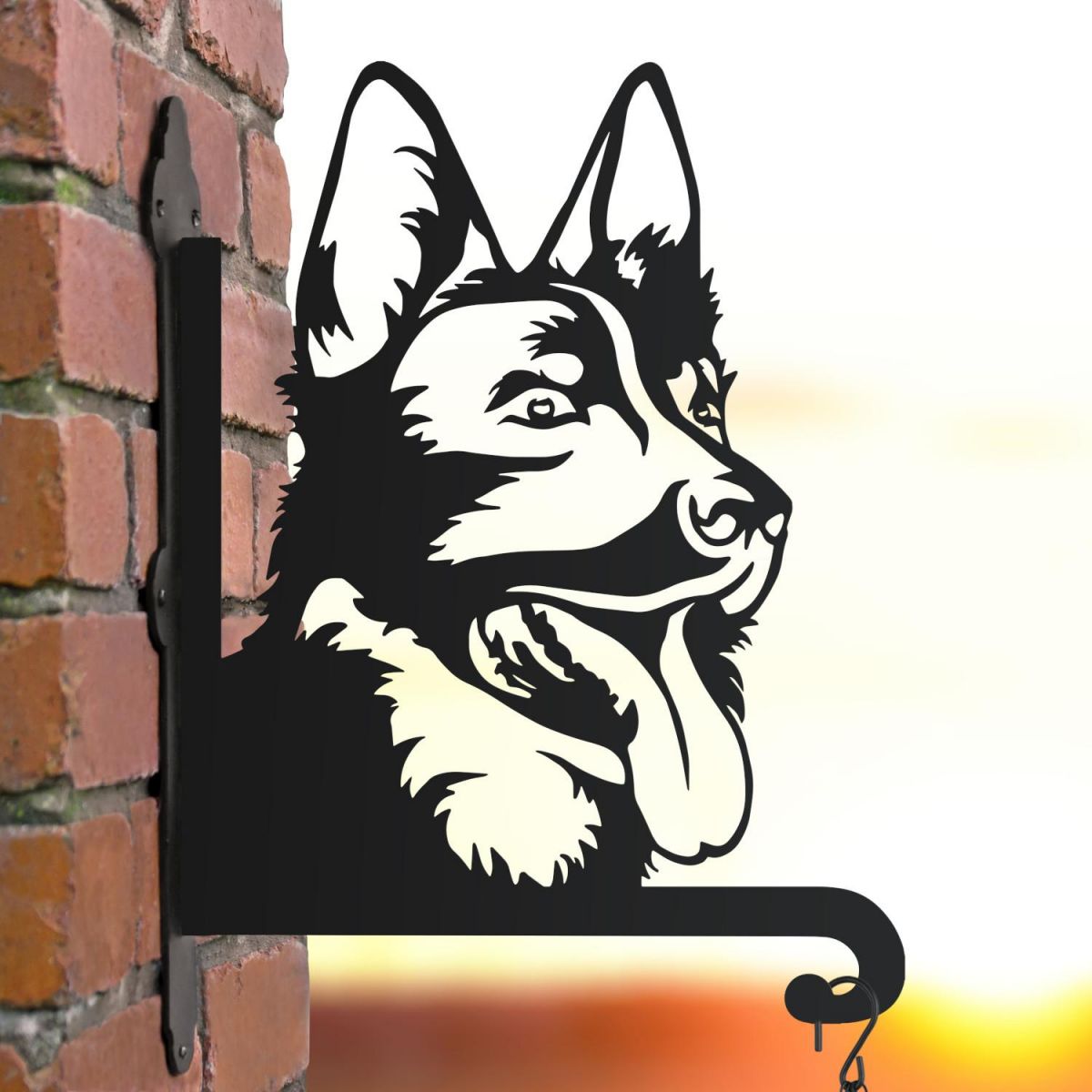 German Shepard hanging basket bracket at sunset German Shepard hanging basket bracket at sunset