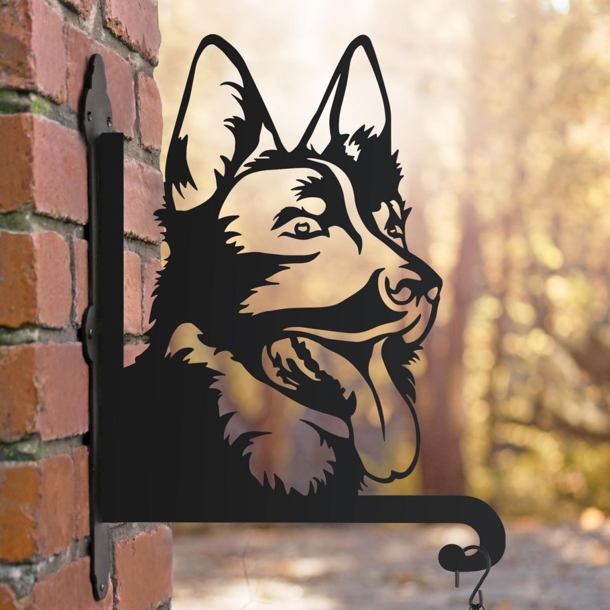 German Shepard hanging basket bracket in the woods German Shepard hanging basket bracket in the woods