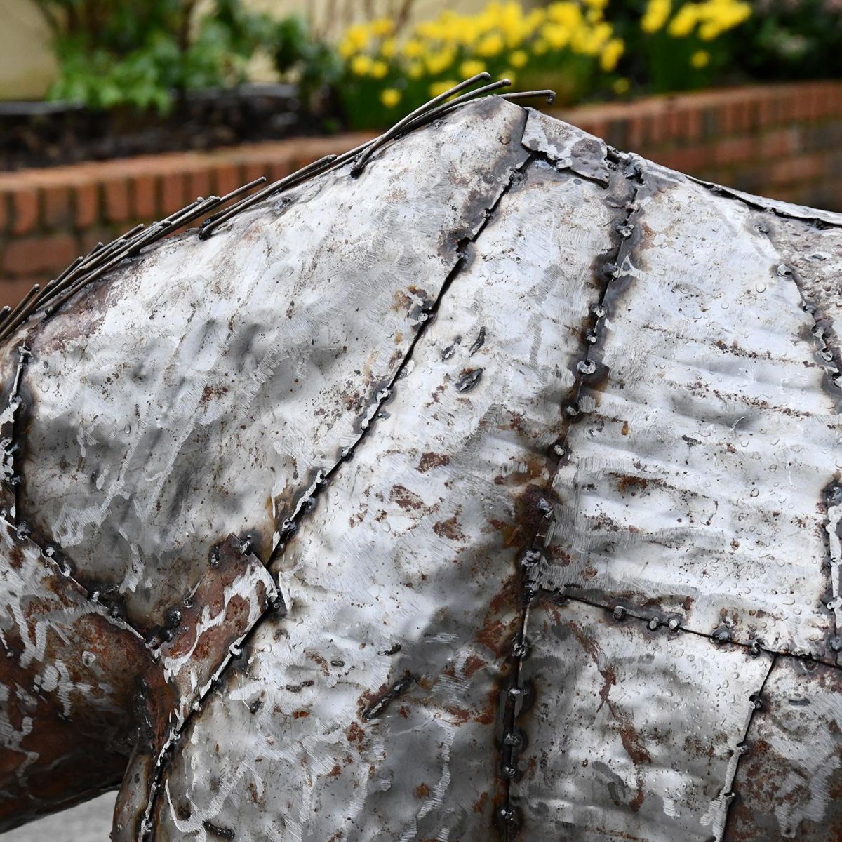 Close-up of the Recycled Metal Finish on the Drinking Giraffe Sculpture