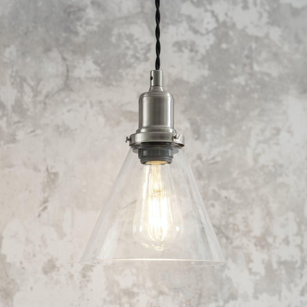 Glass Cone Satin Nickel Pendant Hanging Light in Situ