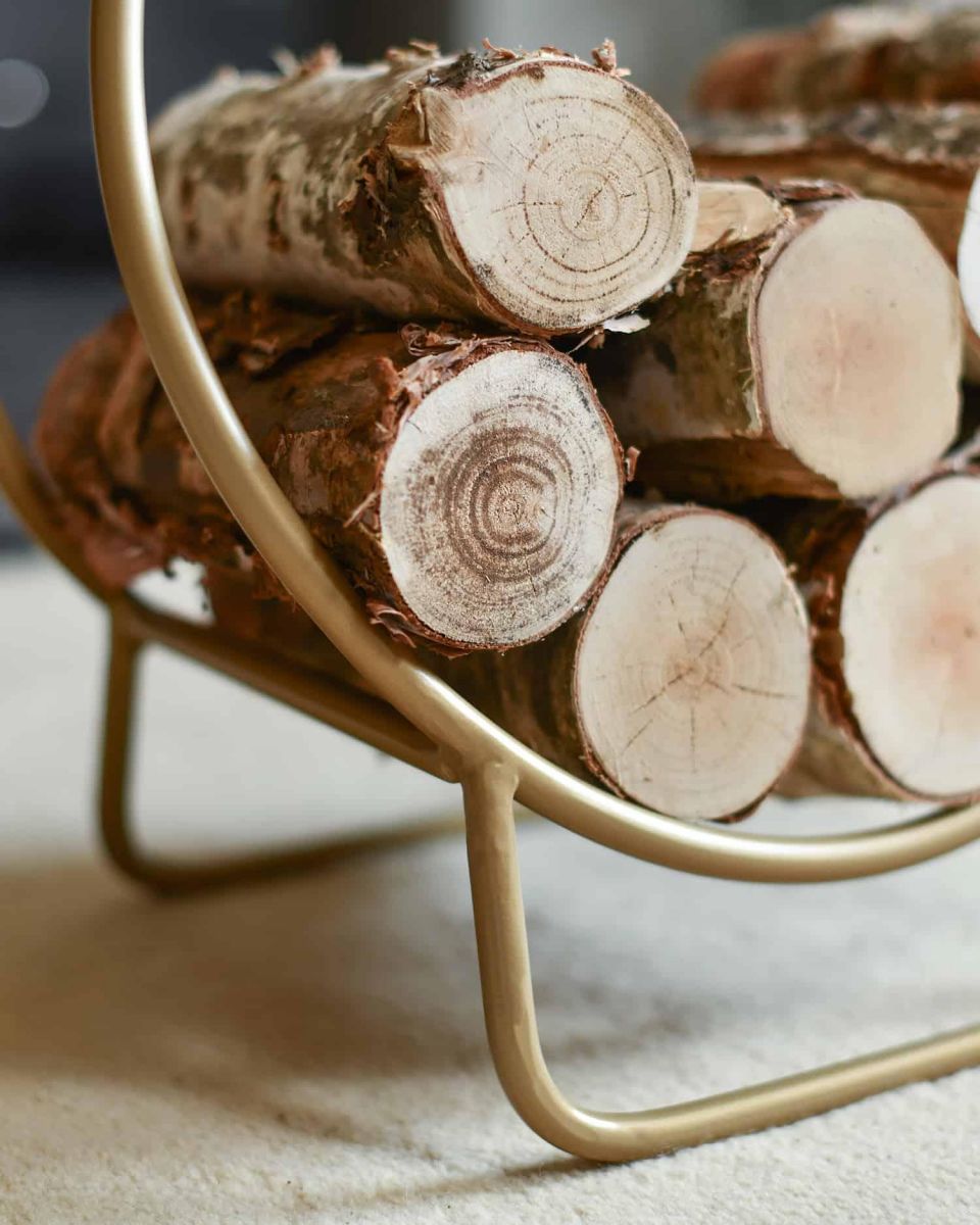 Close-Up of 45cm Gold Circular Log Rack & Holder with Logs
