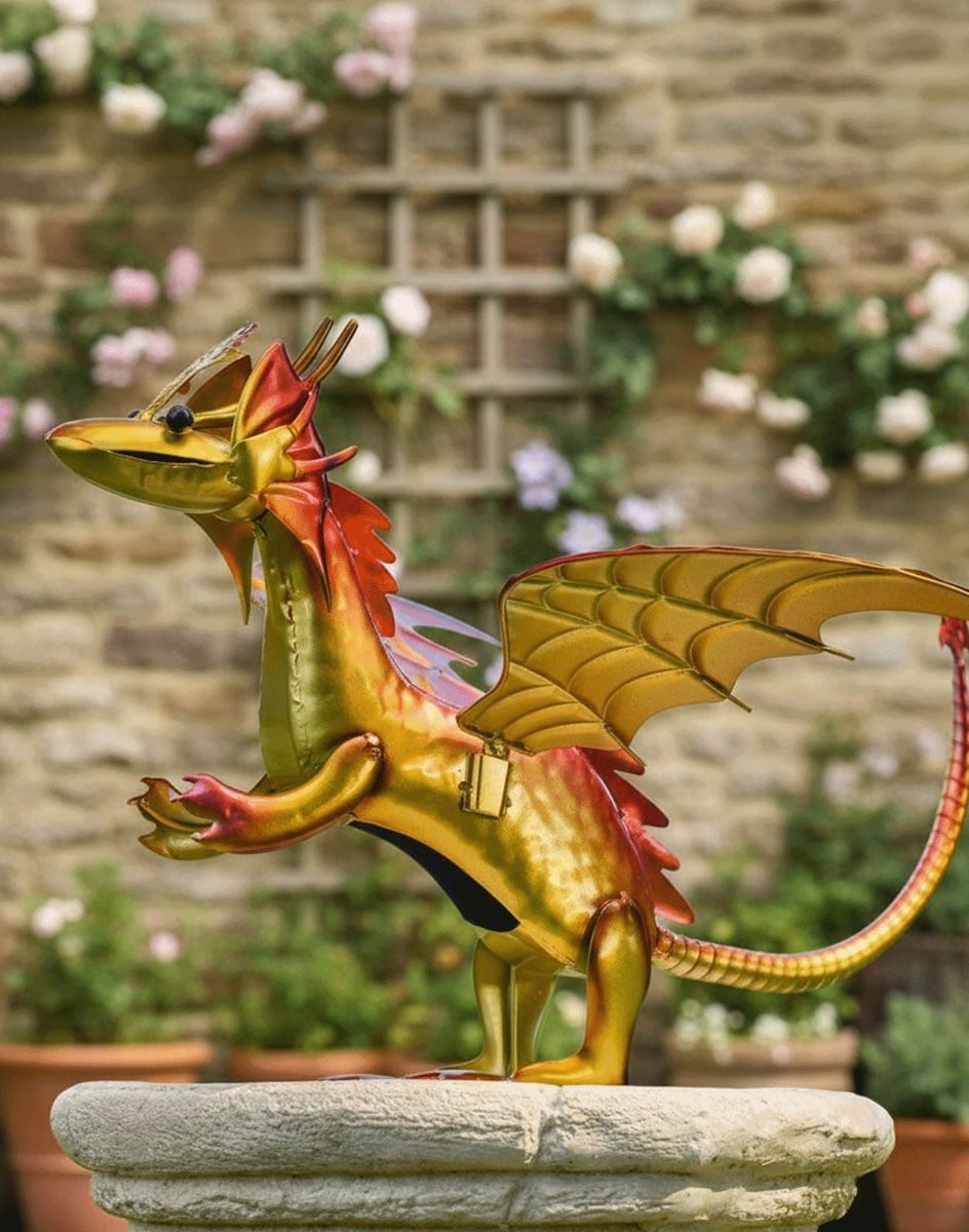 Gold Wyrmling Baby Dragon Garden Sculpture Digital Illustration