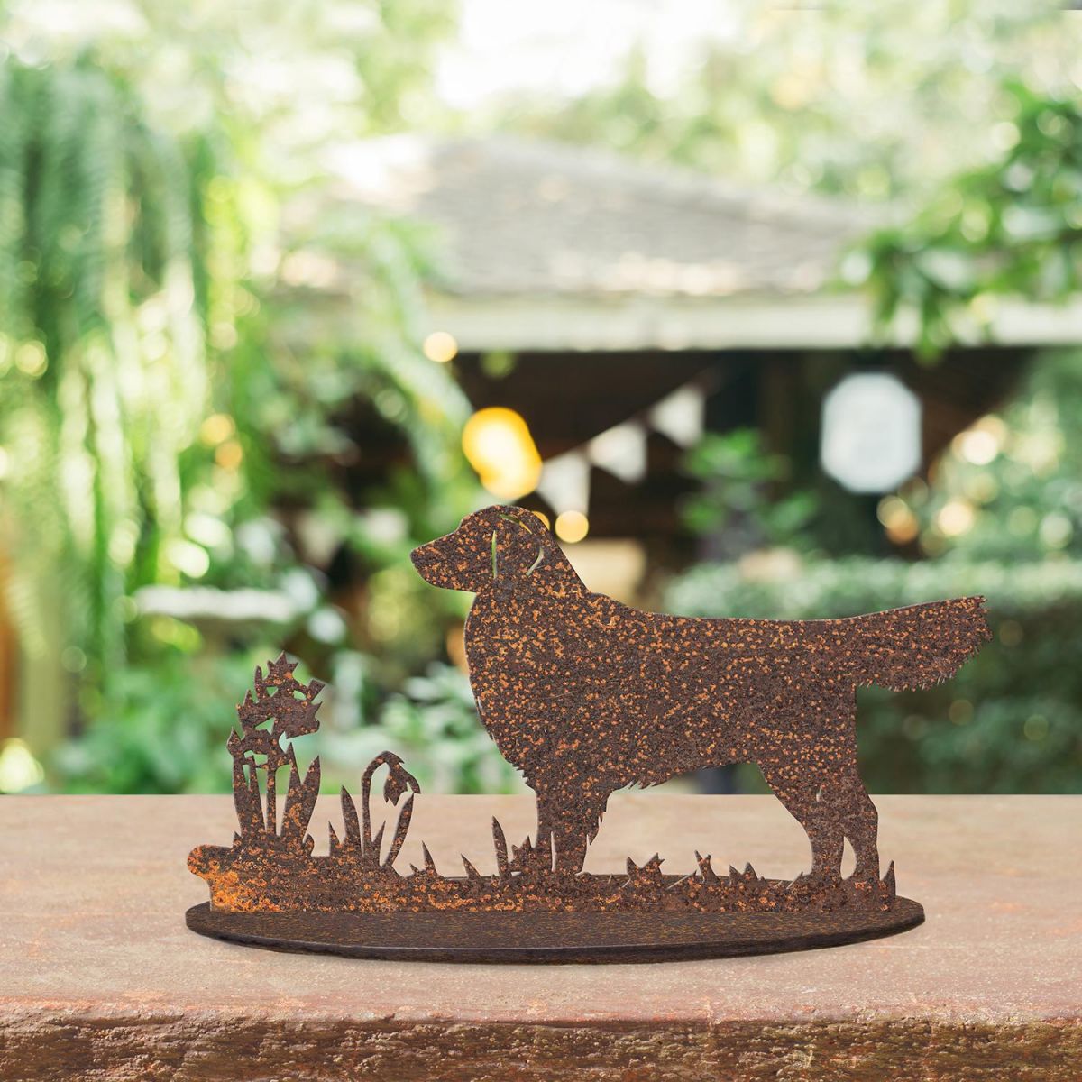 Golden Retriever Rustic Garden Silhouette Ornament in the Garden