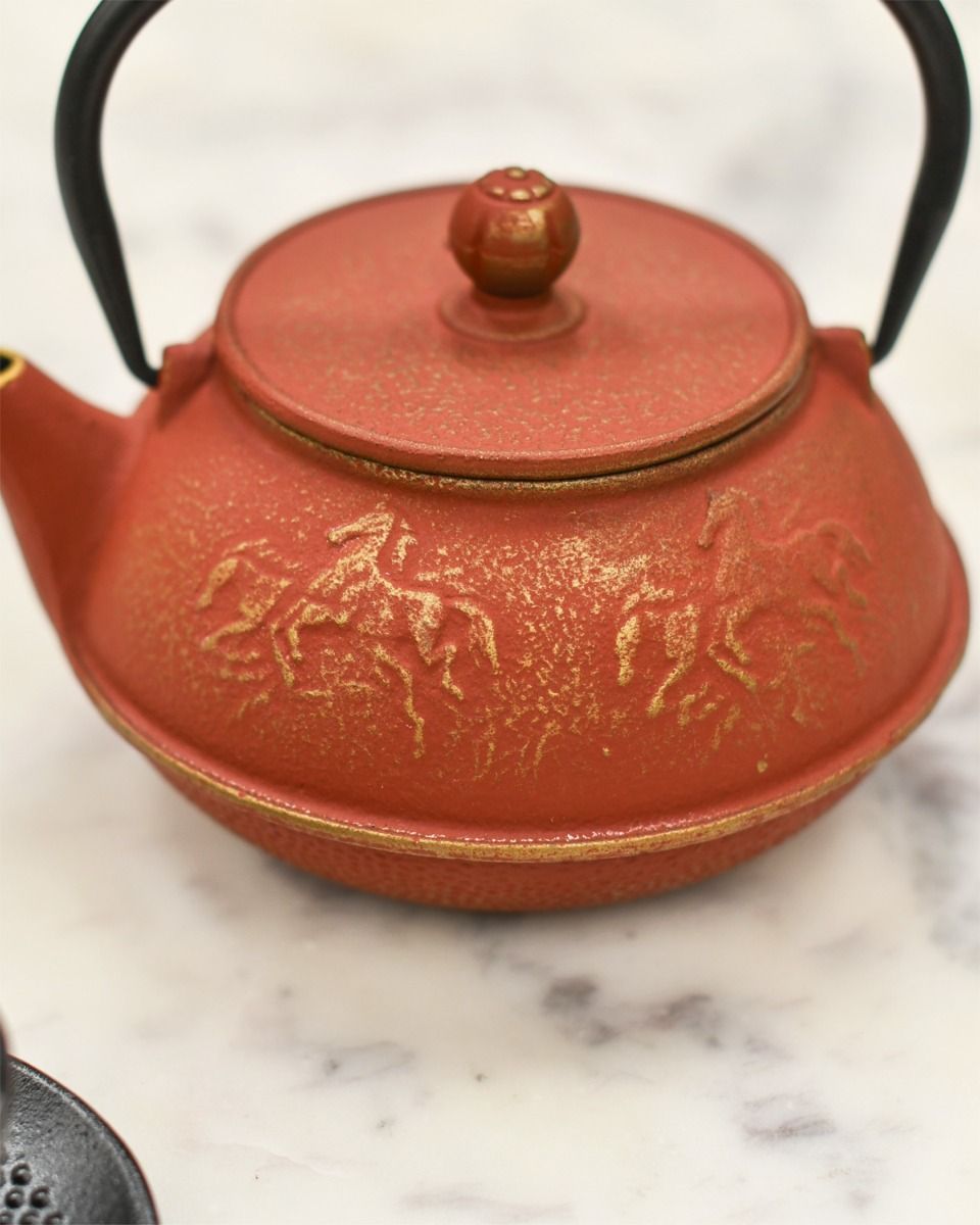 Sunset Orange with Golden Horse Pattern on Teapot 