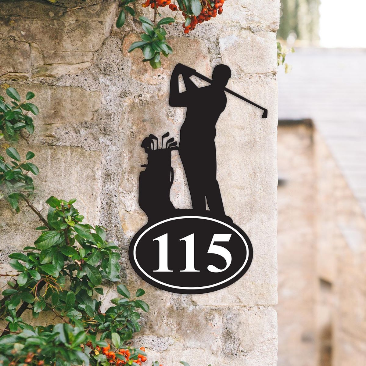Bespoke Golfer Iron House Number Sign on a Garden Wall Bespoke Golfer Iron House Number Sign on a Garden Wall