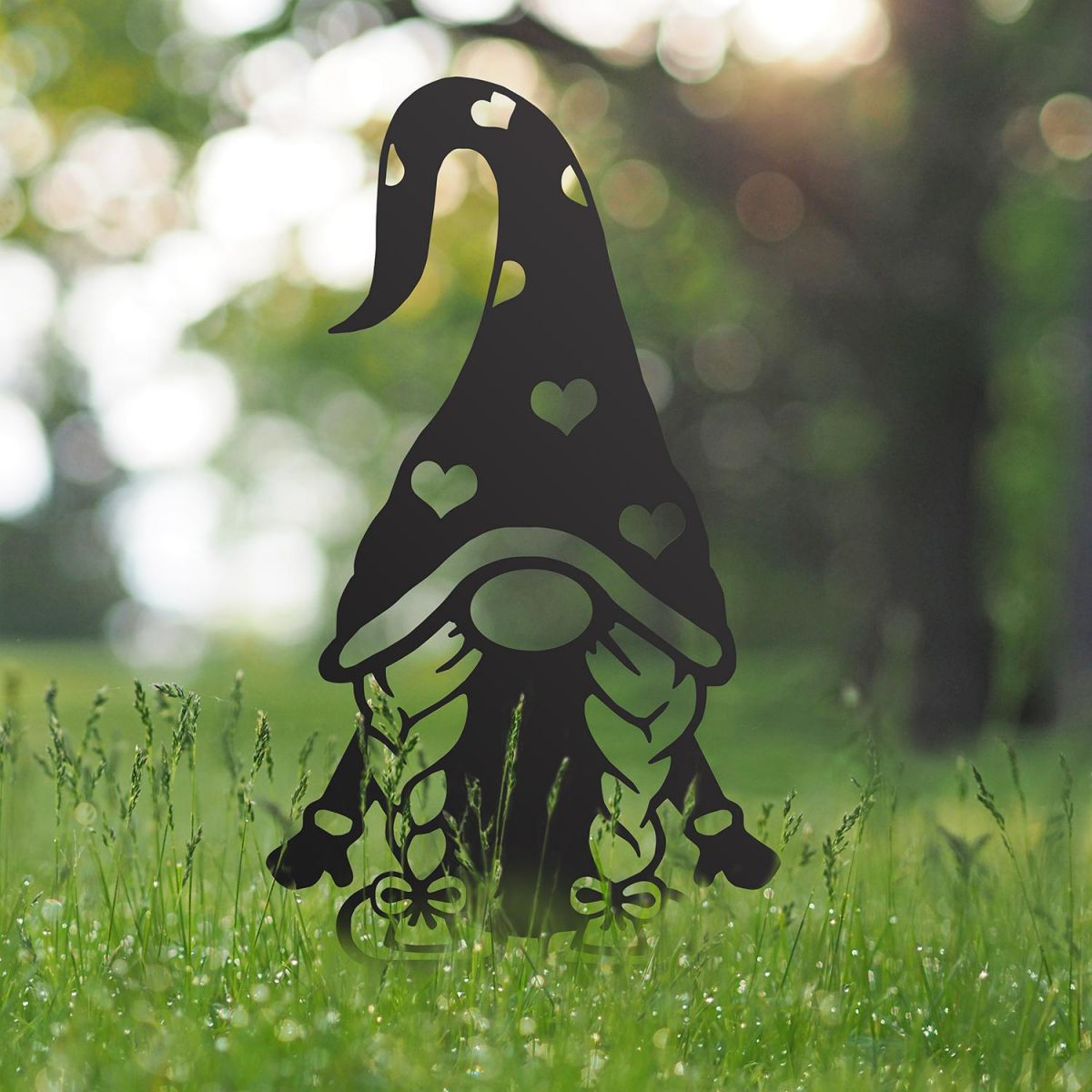 Gonk Gnome With Heart Hat Silhouette in Situ in the Garden