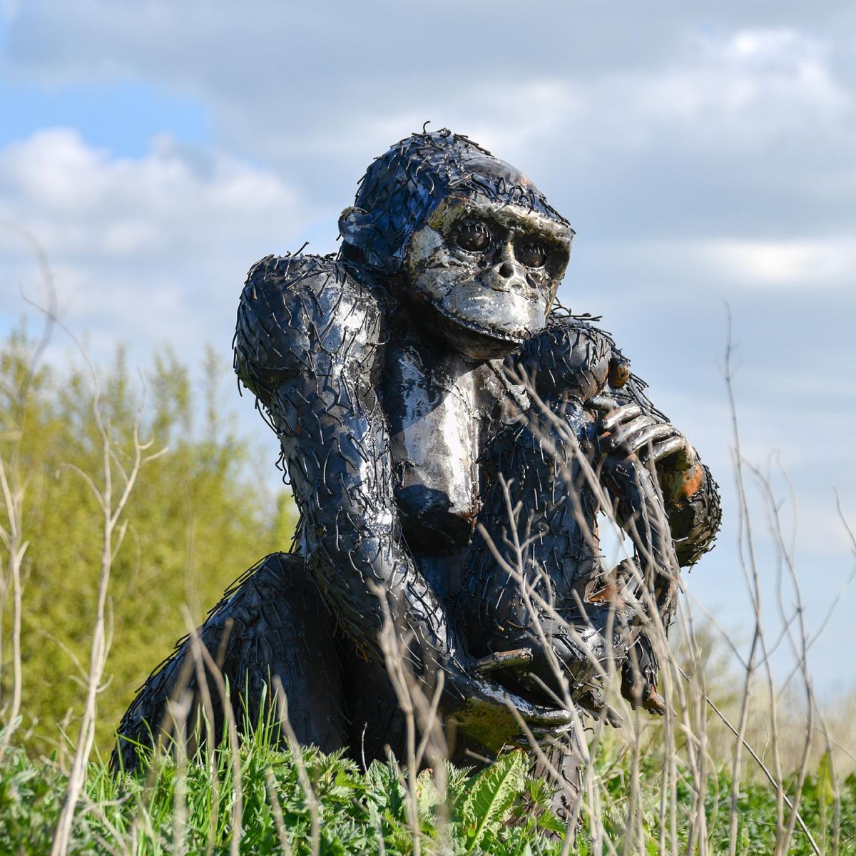 Gorilla with Baby Sculpture in Situ in the Garden