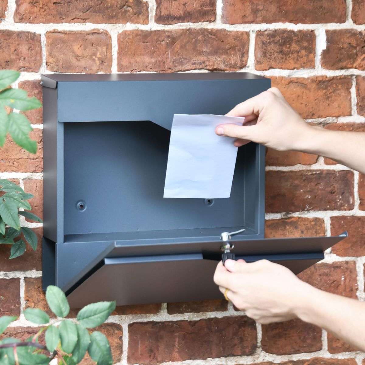 Front Opening in Use on Granite Grey "Staggered" Wall Mounted Post Box & Newspaper Holder Front Opening in Use on Granite Grey "Staggered" Wall Mounted Post Box & Newspaper Holder