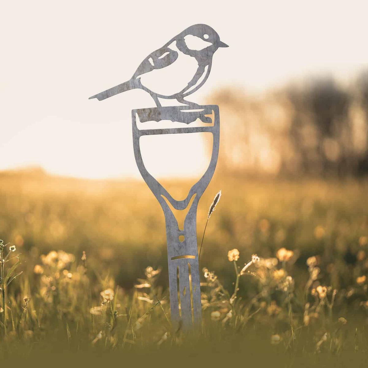 Great Tit Bird Sheet Steel Silhouette in Natural Steel Finish in Situ