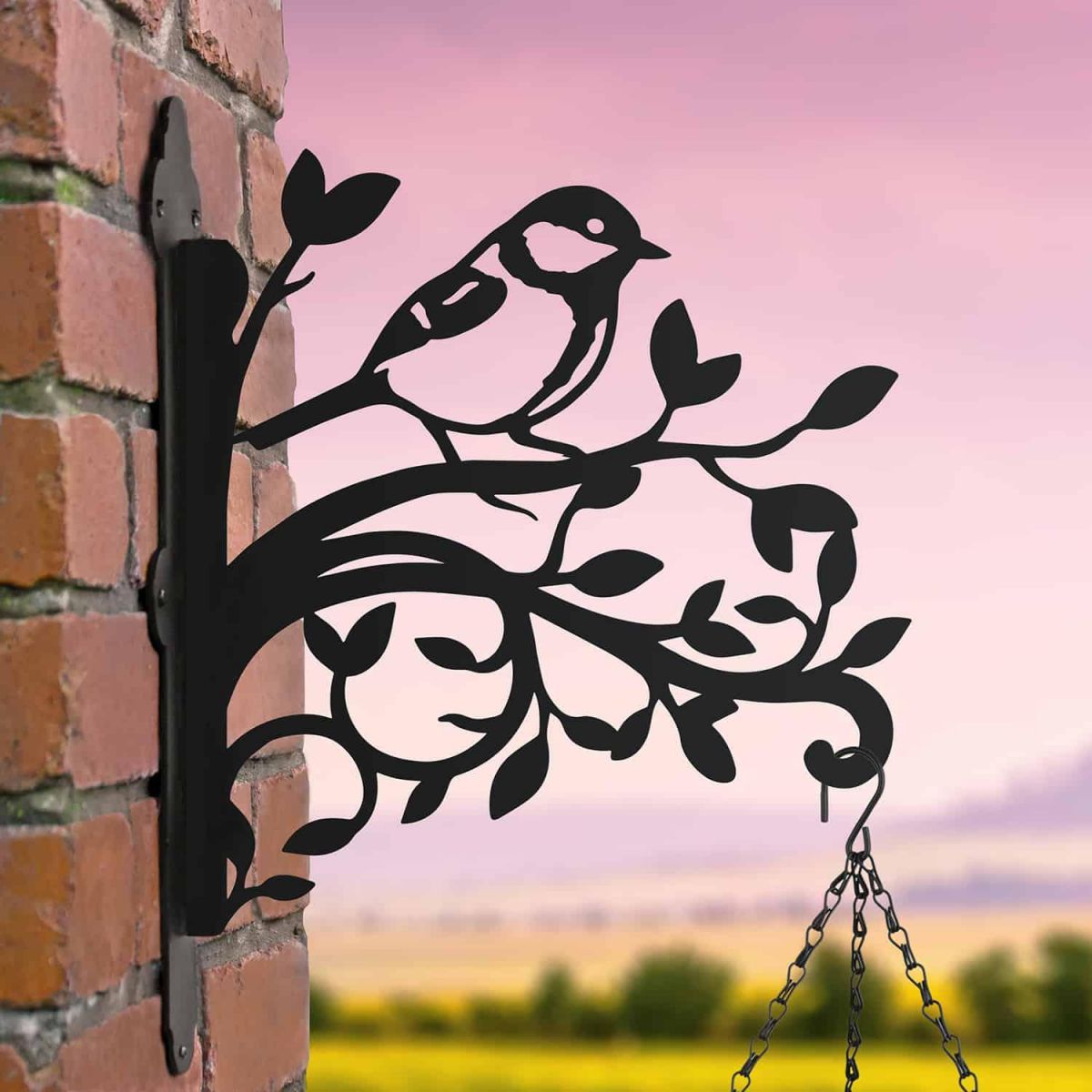 Steel Hanging Basket Bracket with Great Tit on Branches Motif Steel Hanging Basket Bracket with Great Tit on Branches Motif
