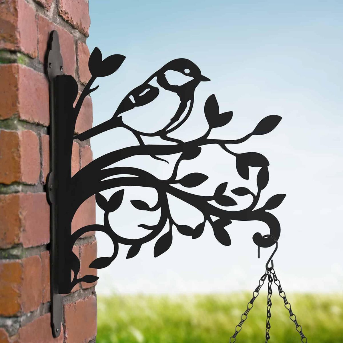 Steel Hanging Basket Bracket with Great Tit on Branches Topper Steel Hanging Basket Bracket with Great Tit on Branches Topper