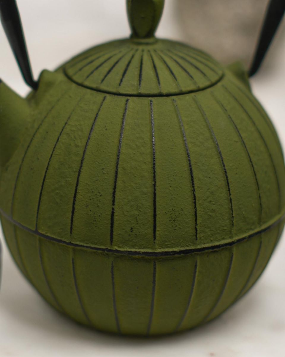 Close-Up of Pattern for Green & Black Cast Iron "Ushirode Kyusu" Round Japanese Style Teapot