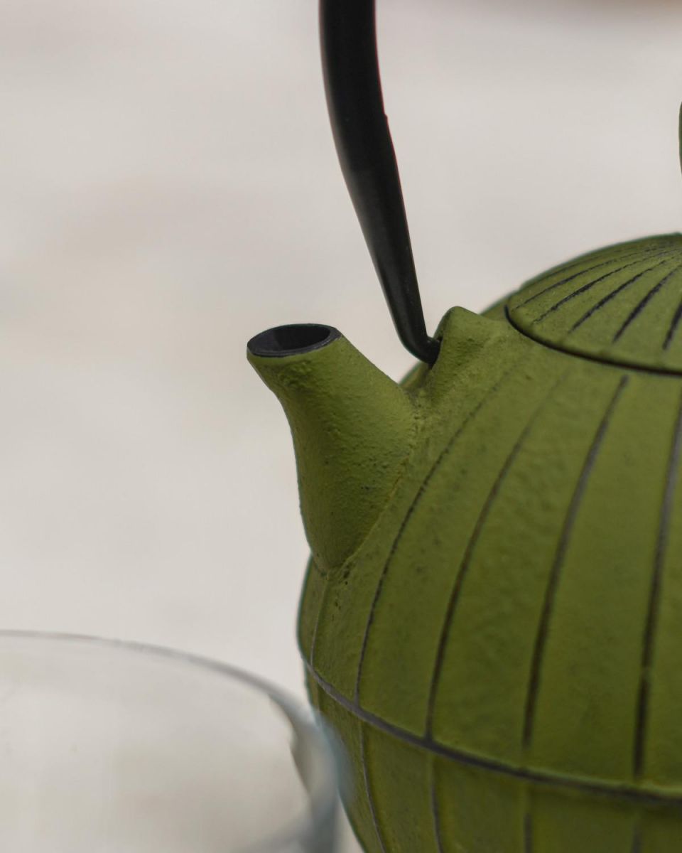 Close-Up of Teapot Spout for Green & Black Cast Iron "Ushirode Kyusu" Round Japanese Style Teapot