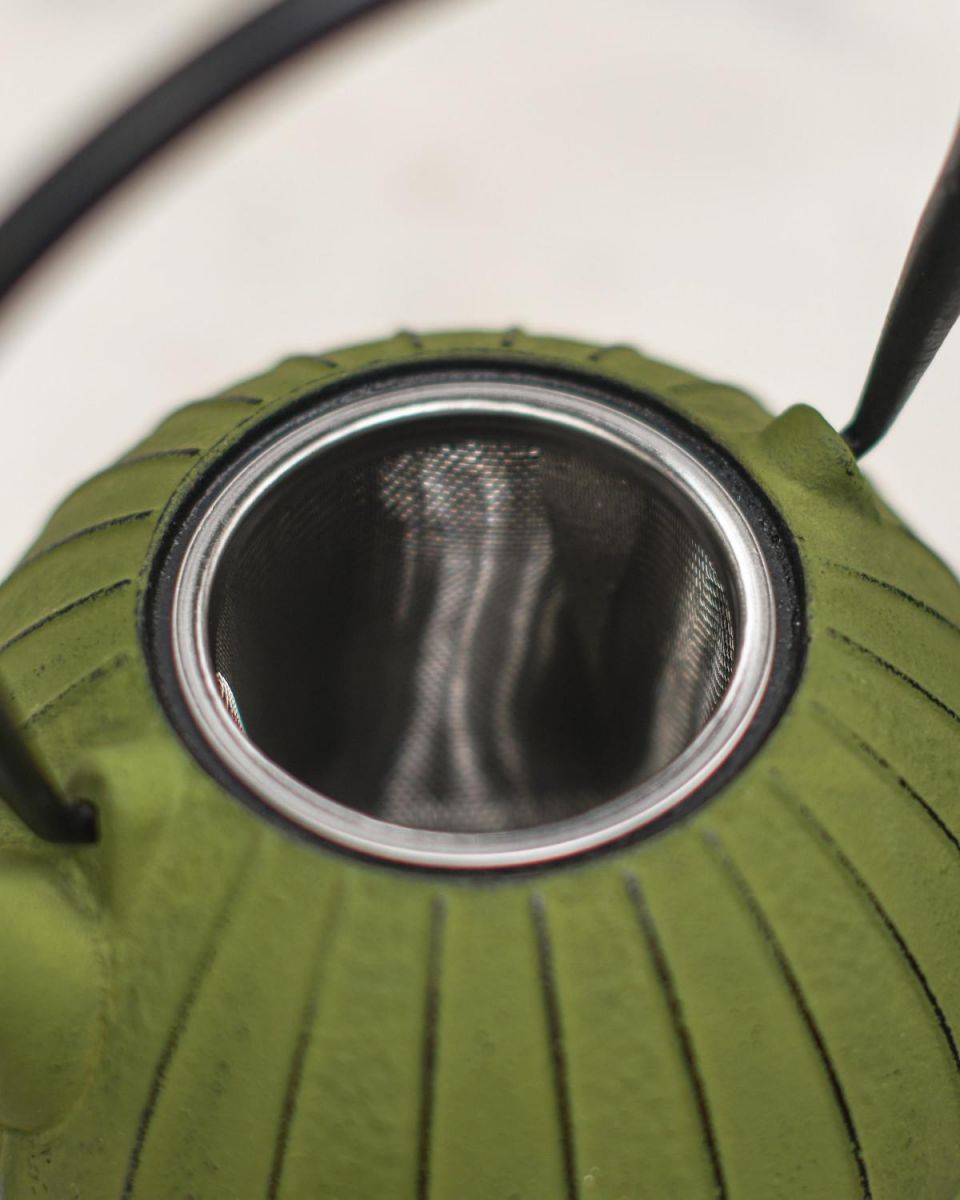 Close-Up of Tea Infuser for Green & Black Cast Iron "Ushirode Kyusu" Round Japanese Style Teapot