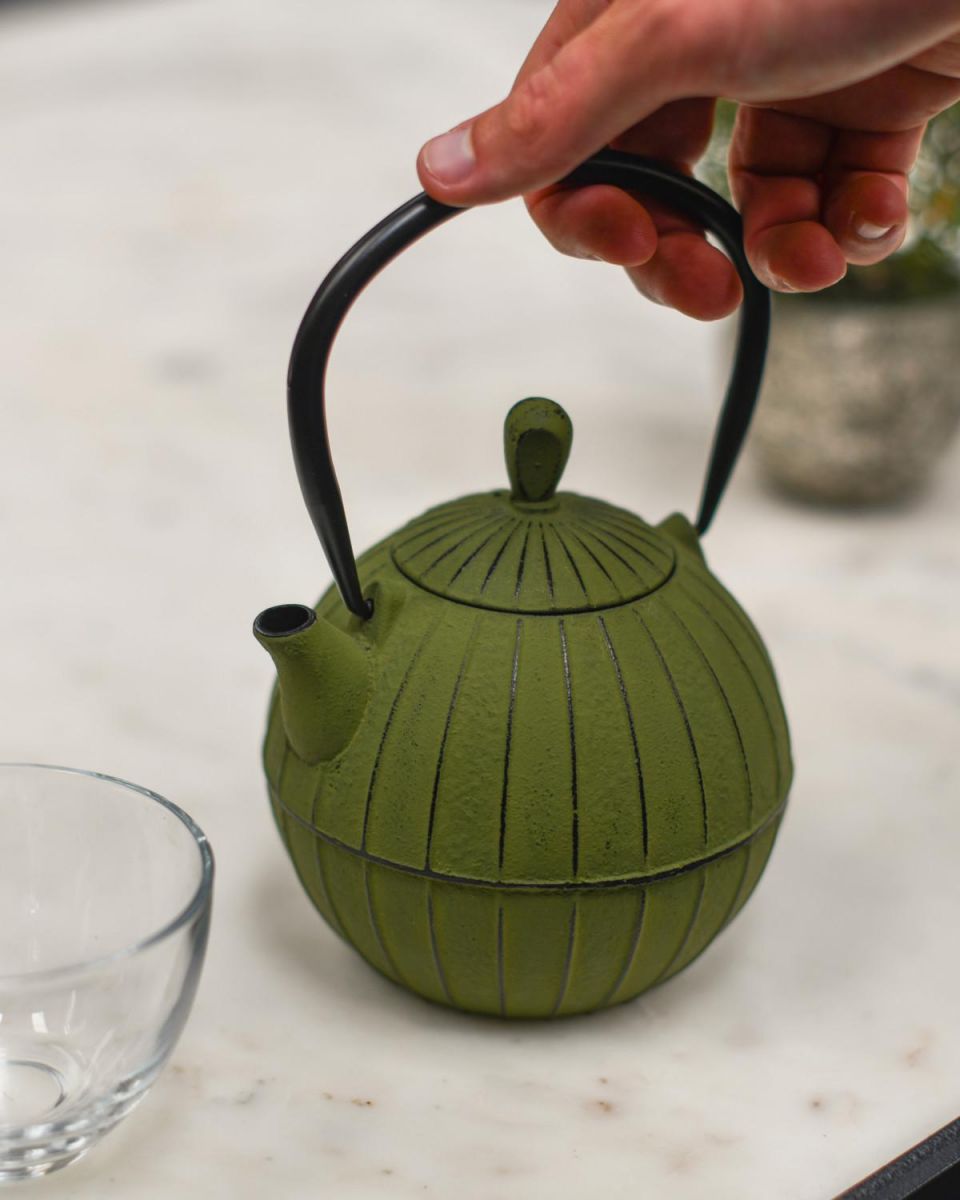 Scale Shot of Green & Black Cast Iron "Ushirode Kyusu" Round Japanese Style Teapot