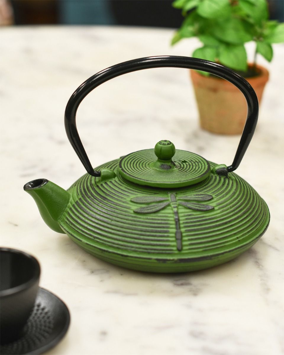 Dark Green "Dragonfly" Cast Iron Japanese Teapot 