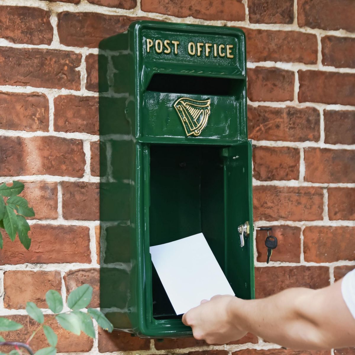 Lockable Front in Use on Green & Gold "Irish Harp" Slim Wall Mounted Post and Parcel Box