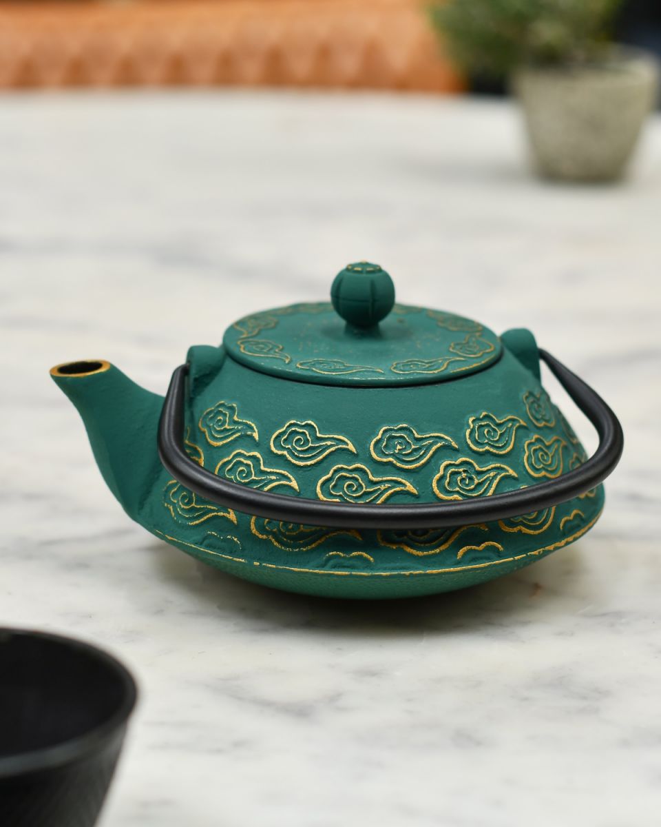 Handles down on Green & Gold Uwade Style Teapot with Cloud Detailing