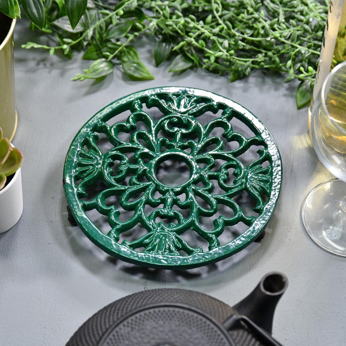 Green Heavy Duty Round Trivet Created From Cast Iron