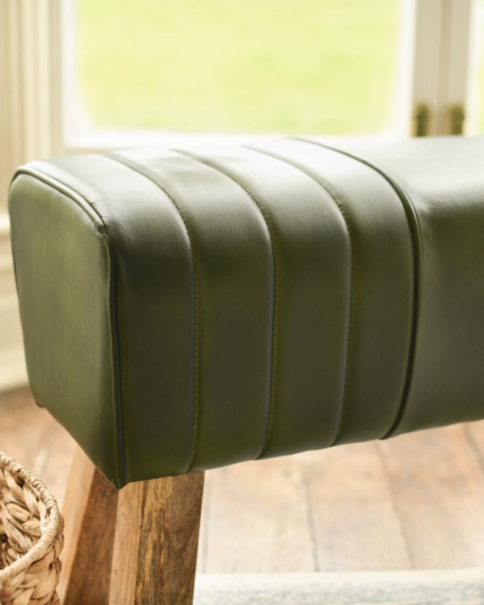 The "Forrest" Green Leather & Mango Wood Bench Details