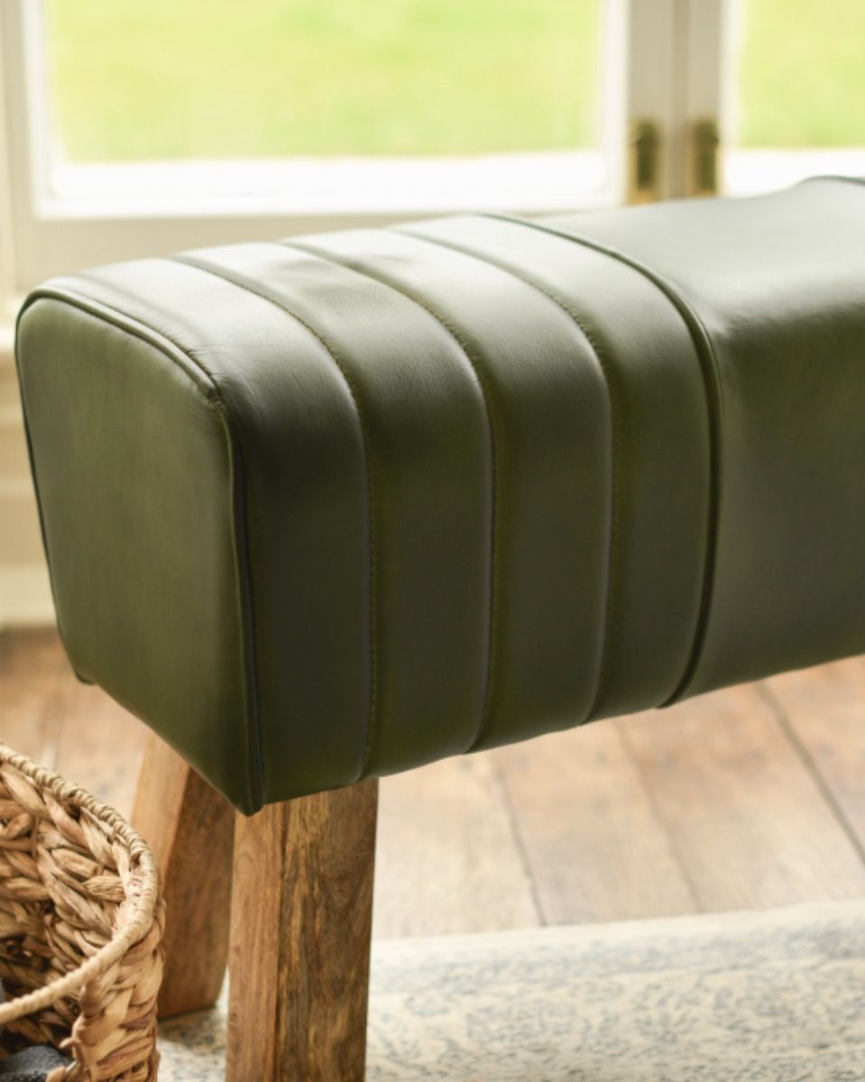 The "Forrest" Green Leather & Mango Wood Bench Design