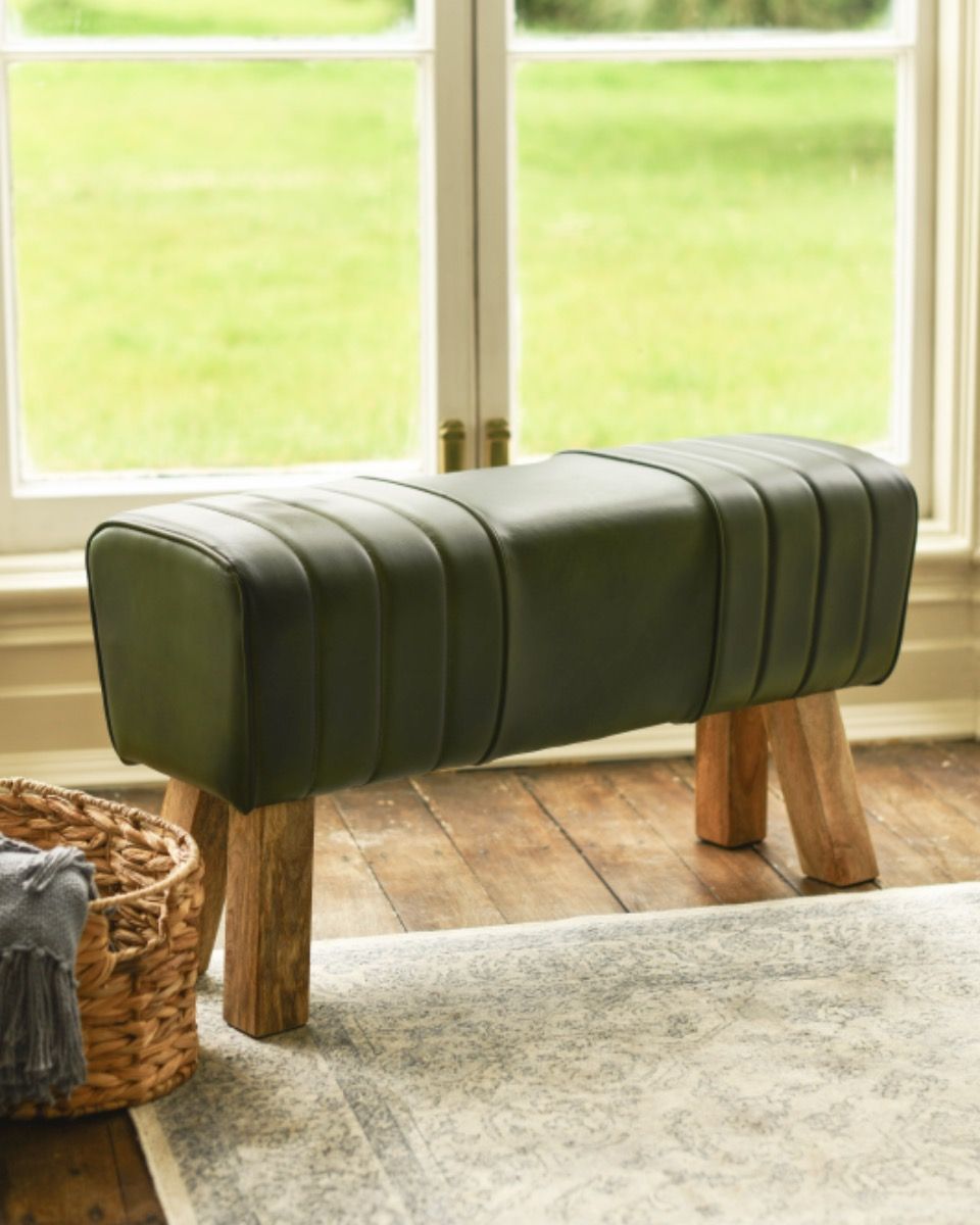 The "Forrest" Green Leather & Mango Wood Bench