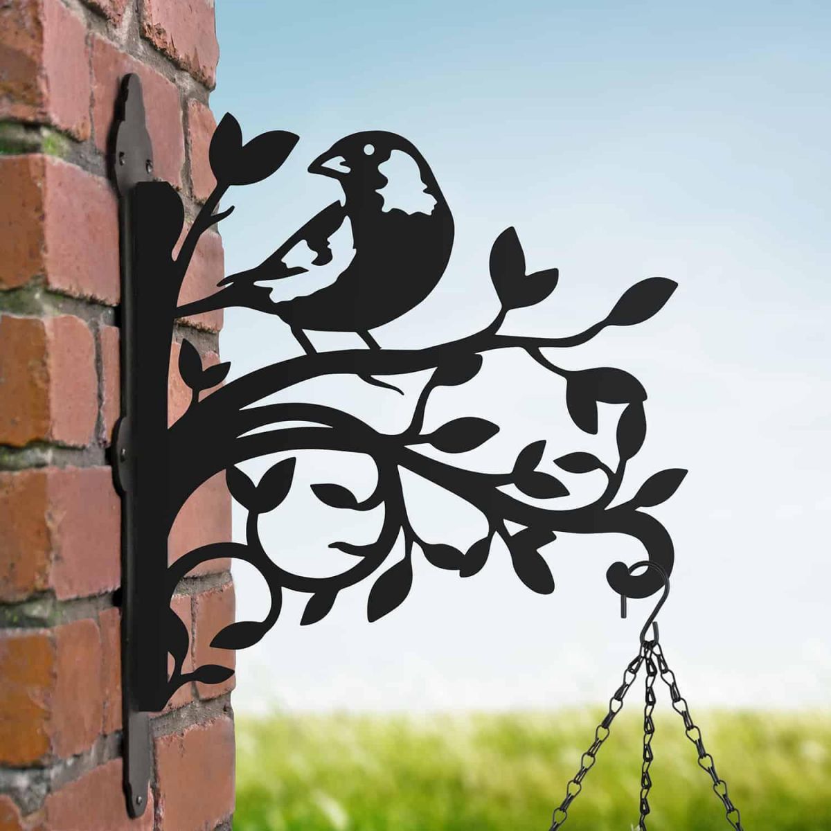 Steel Hanging Basket Bracket with Greenfinch & Branches Motif