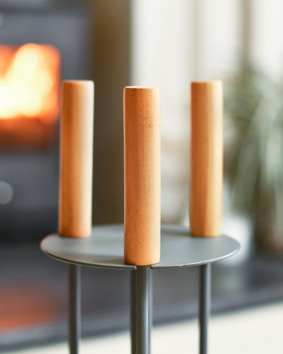 Close Up Of Grey Contemporary Circular Three Piece Companion Set with Wooden Handles Handles