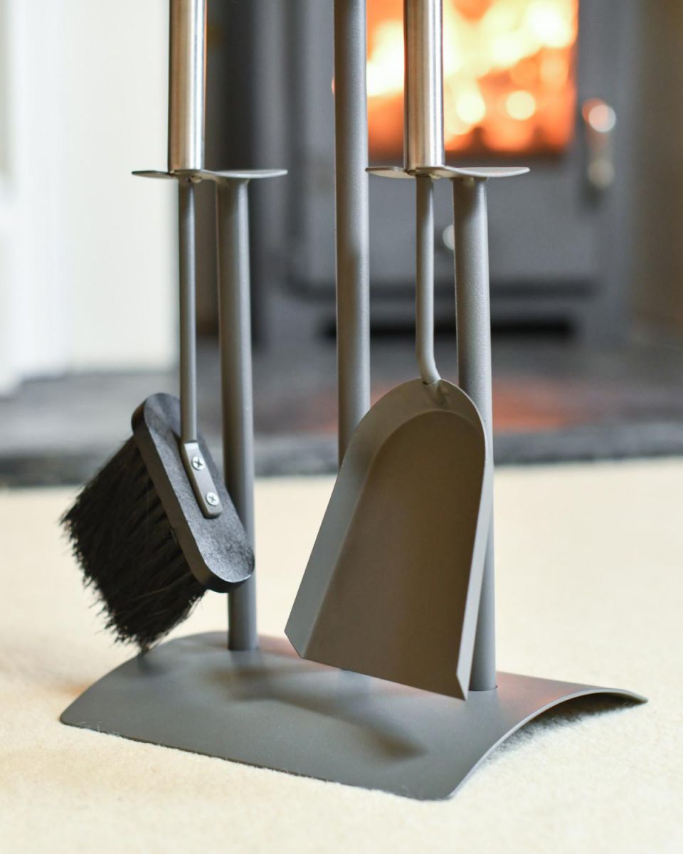 Close Up Of Grey Contemporary "Podium" Two Piece Companion Set Tools