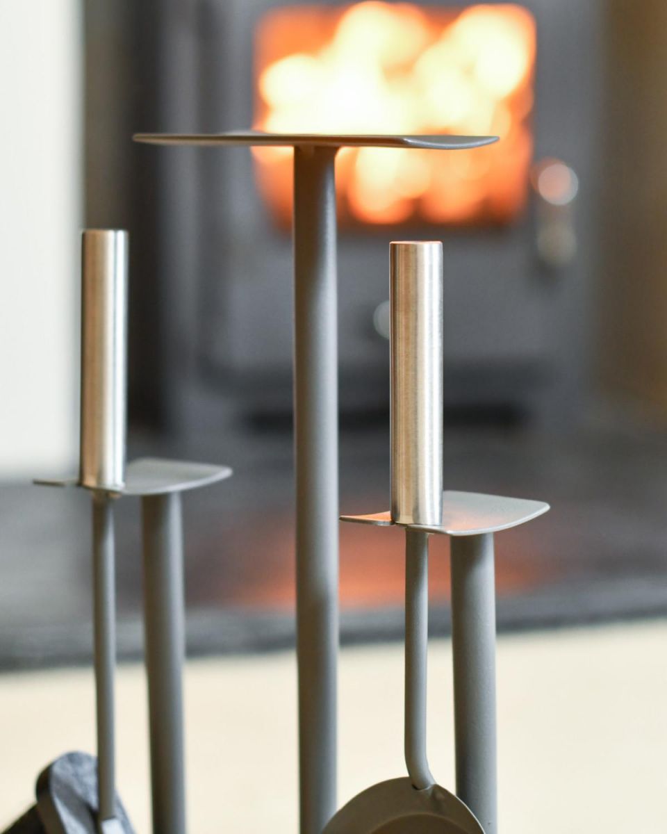 Close Up Of Grey Contemporary "Podium" Two Piece Companion Set Handles