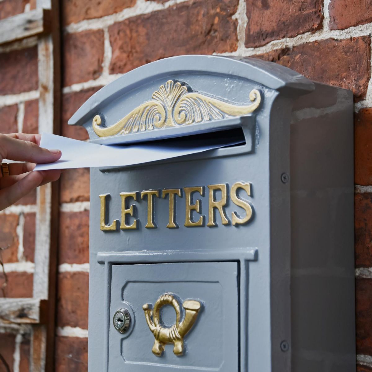 Scale Shot of Grey & Gold Curved Cambridge Traditional Wall Mounted Post Box