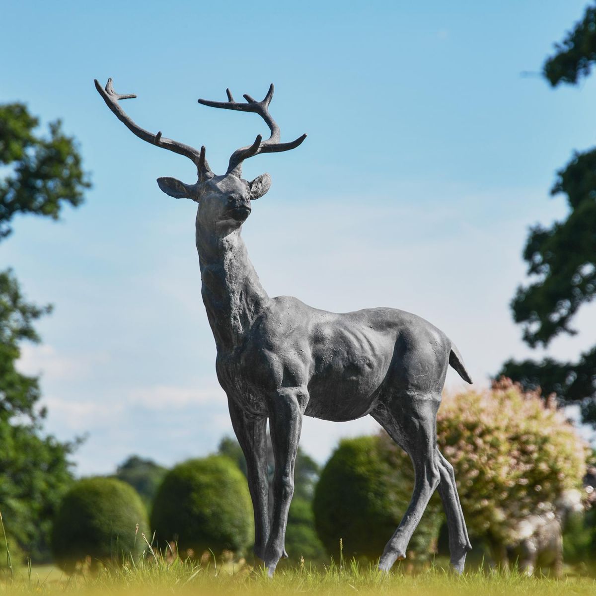 Grey Standing Stag Sculpture in Situ